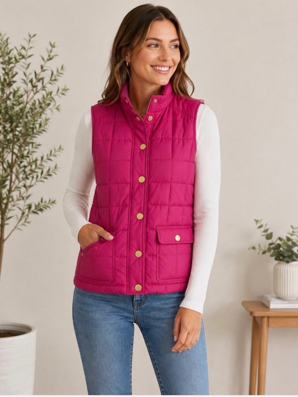 Tory Burch Fuchsia Quilted Vest with Gold Accents